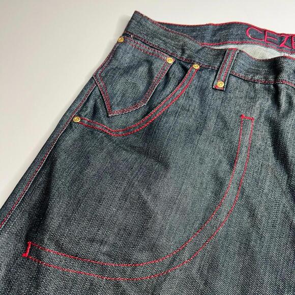 CEZER Men’s Size 36 Y2K Rap Denim Shorts Dark Wash Peru 100% Cotton Red Stitch - Picture 12 of 12